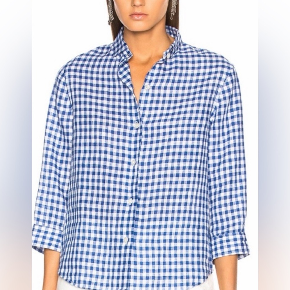 R13 linen Blue and White Gingham Button-Up Shirt